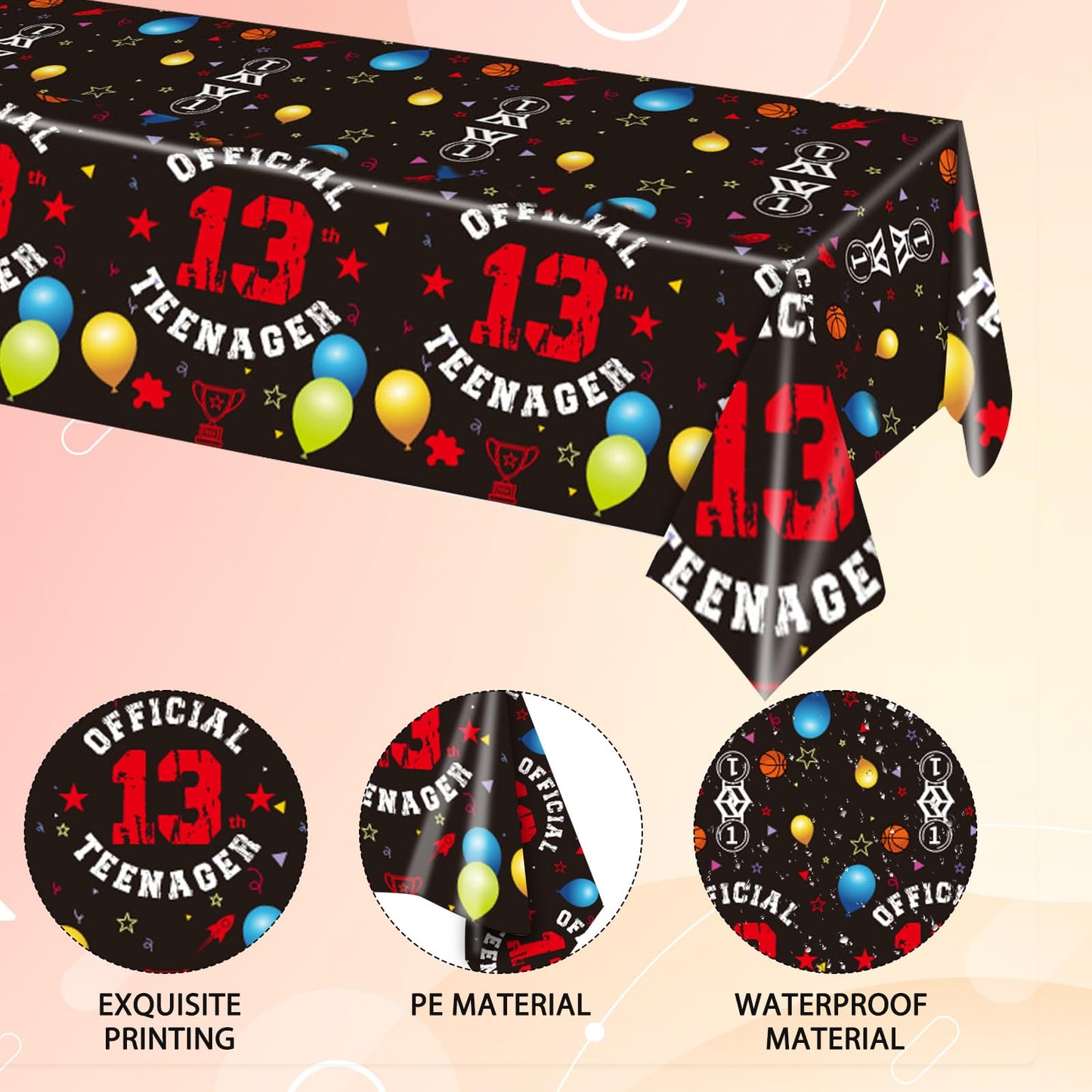 Xiliconie 13th Birthday Decorations for Boys Red Black Official Teenager 13th Party Plastic Disposable Rectangular Table Cover for Boys Birthday