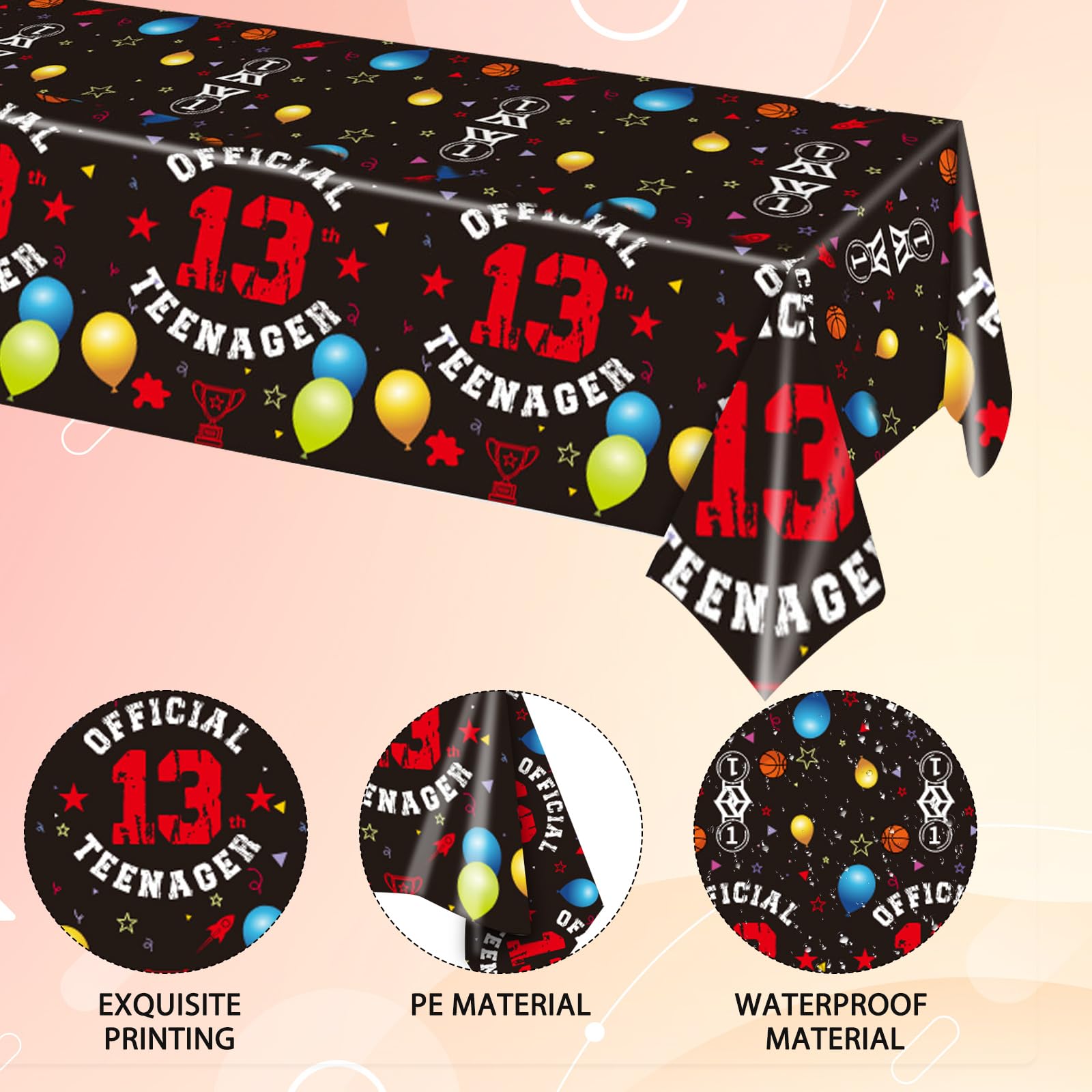 Xiliconie 13th Birthday Decorations for Boys Red Black Official Teenager 13th Party Plastic Disposable Rectangular Table Cover for Boys Birthday