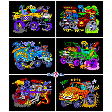 Stuff2Color Monster Cars and Trucks Fuzzy Poster Coloring Poster 6-Pack (Coloring Fun for Boys and Toddlers) - Great for Quiet Time, Coloring