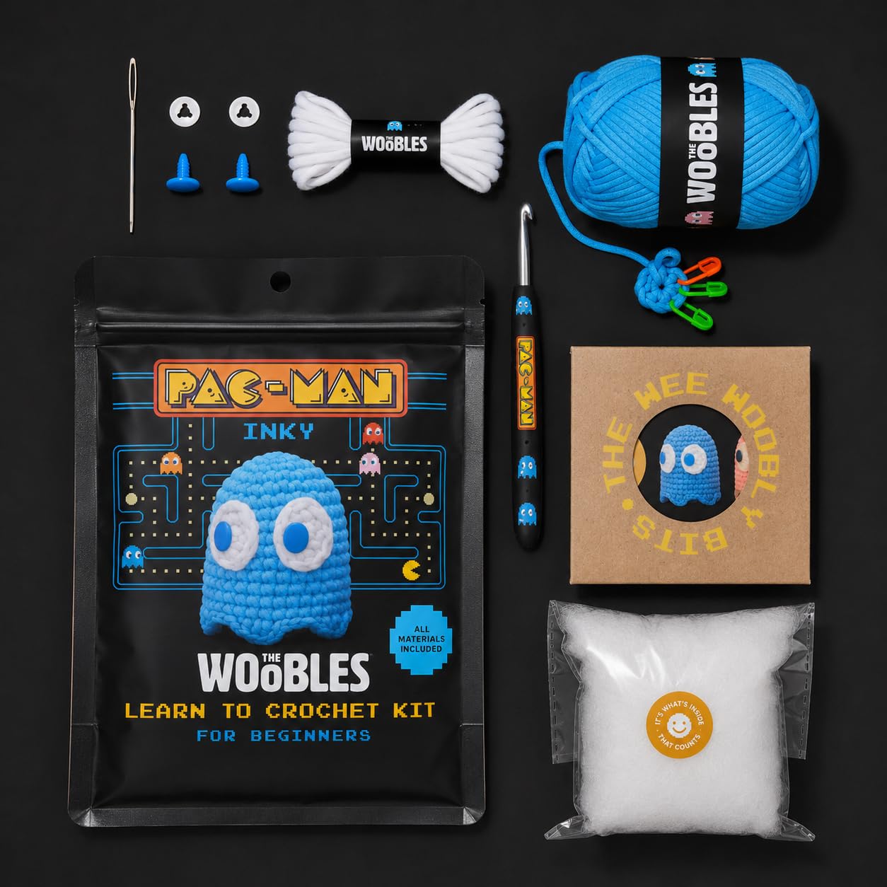 The Woobles Inky Crochet Kit for Beginners - Officially Licensed PAC-MAN Ghost Amigurumi Kit, As Seen on Shark Tank, 4-in Plush, Ages 12+