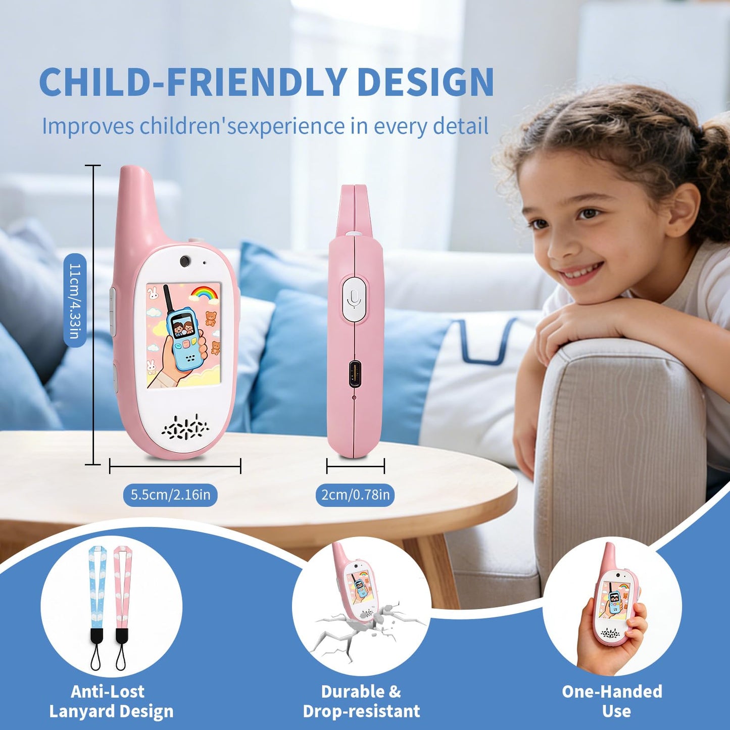 Kids Video Walkie Talkies 2 Pack,Signal of penetrates Two Walls,Rechargeable,HD Camera & 2" IPS Screen,Real-Time Video Call,3 Voice and 4 displays