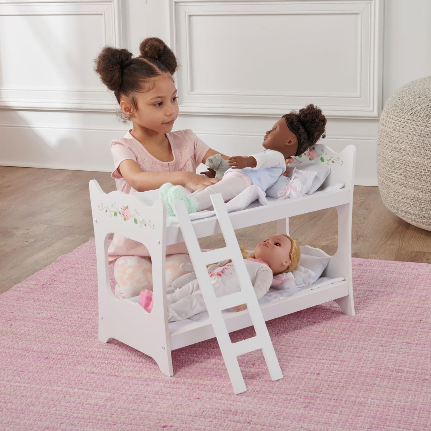 Badger Basket Doll Bunk Bed with Ladder and Bedding - Stylish White & Rose Design for 18 to 20-Inch Dolls with Pillows and Blankets