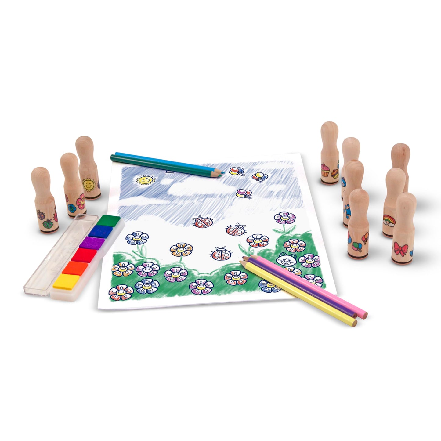Melissa & Doug Deluxe Happy Handle Stamp Set with 10 Stamps, 5 Colored Pencils, and 6-Color Washable Ink Pad