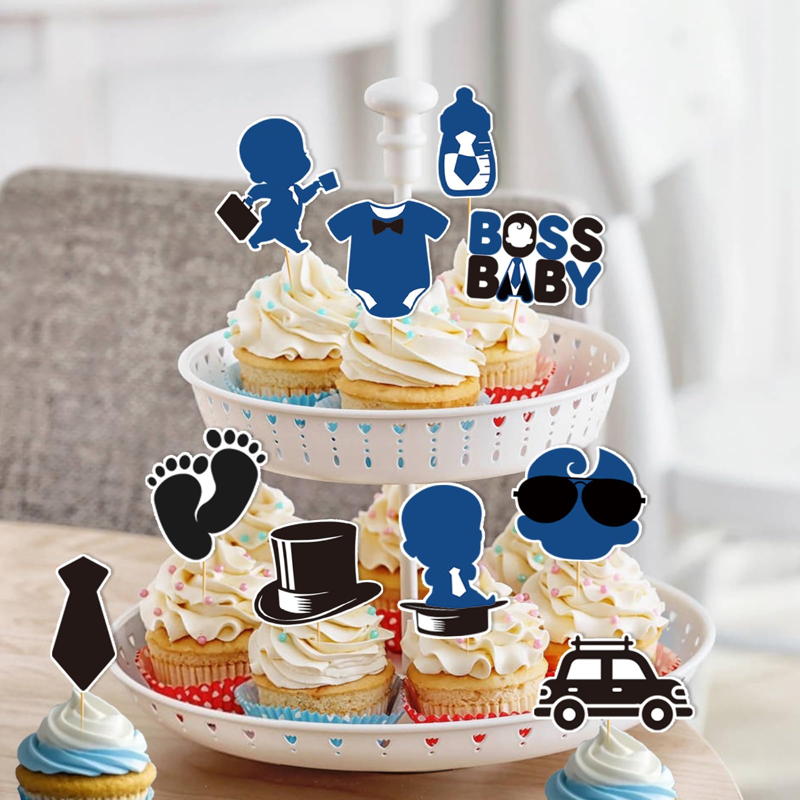 24pcs Baby Boy Cake Topper Baby Shower Cake Decorations Boss Party Decorations Boys Gender Reveal Party Decorations Birthday Party Supplies