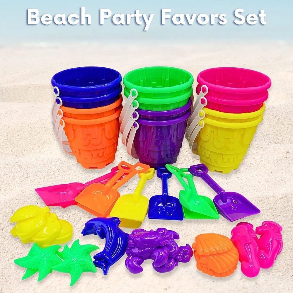 4E's Novelty 12 Sets Beach Toys - Includes 12 Sand Buckets, 12 Shovels, 24 Sand Molds for Kids - Small 5.75" Beach Buckets Bulk, Summer Party Favors