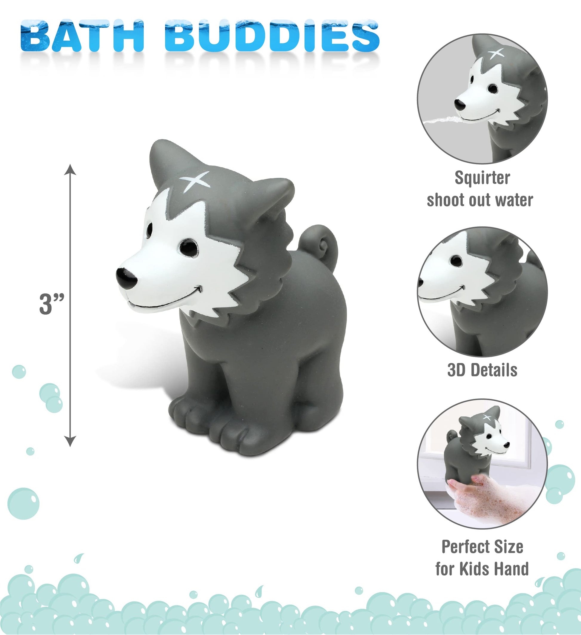 DolliBu Wolf Bath Buddy Squirter - Floating Wolf Rubber Bath Toy, Fun Water Squirting Bathtime Play For Toddlers, Cute and Soft Wild Life Animal Toy