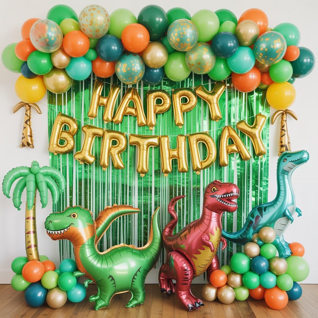 Dinosaur Balloons, 12 Inch Dark Green Teal and Orange Balloons, Metallic Gold Fruit Green Gold Confetti Balloon with Ribbons for Boys Baby Shower