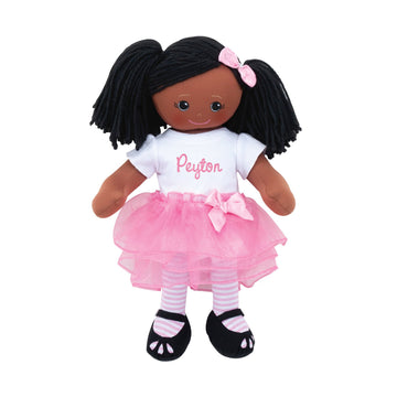 Personalized Planet Rag Doll with Custom Name Embroidered | Black Girl Dressed in White Shirt, Stripped Stockings with Pink Tutu Skirt | Black Hair