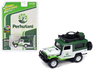 1980 Land Cruiser White and Green Perhutani with Roof Rack Limited Edition to 2496 Pieces Worldwide 1/64 Diecast Model Car by Johnny Lightning