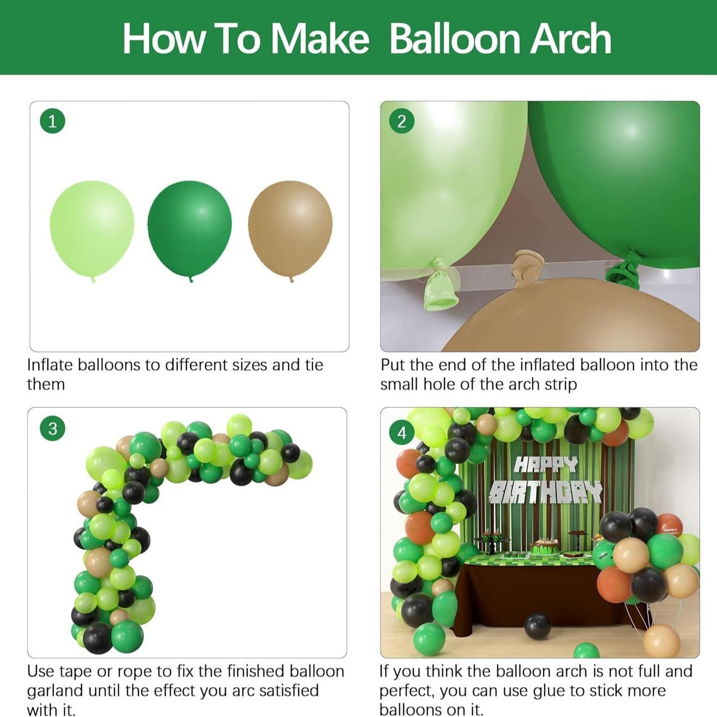 Pixel Miner Birthday Balloon Arch Kit - 121 Pcs Green Black Brown Balloons with Table Cover & Banner for Video Game Birthday Party Decorations
