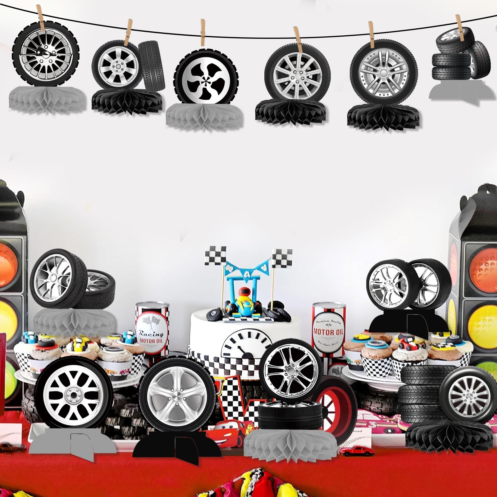 12Pcs Race Car Centerpieces for Tables - Classic Car Birthday Decorations Classic Car Party Decorations Wheel Tire Centerpieces Decor for Car Themed