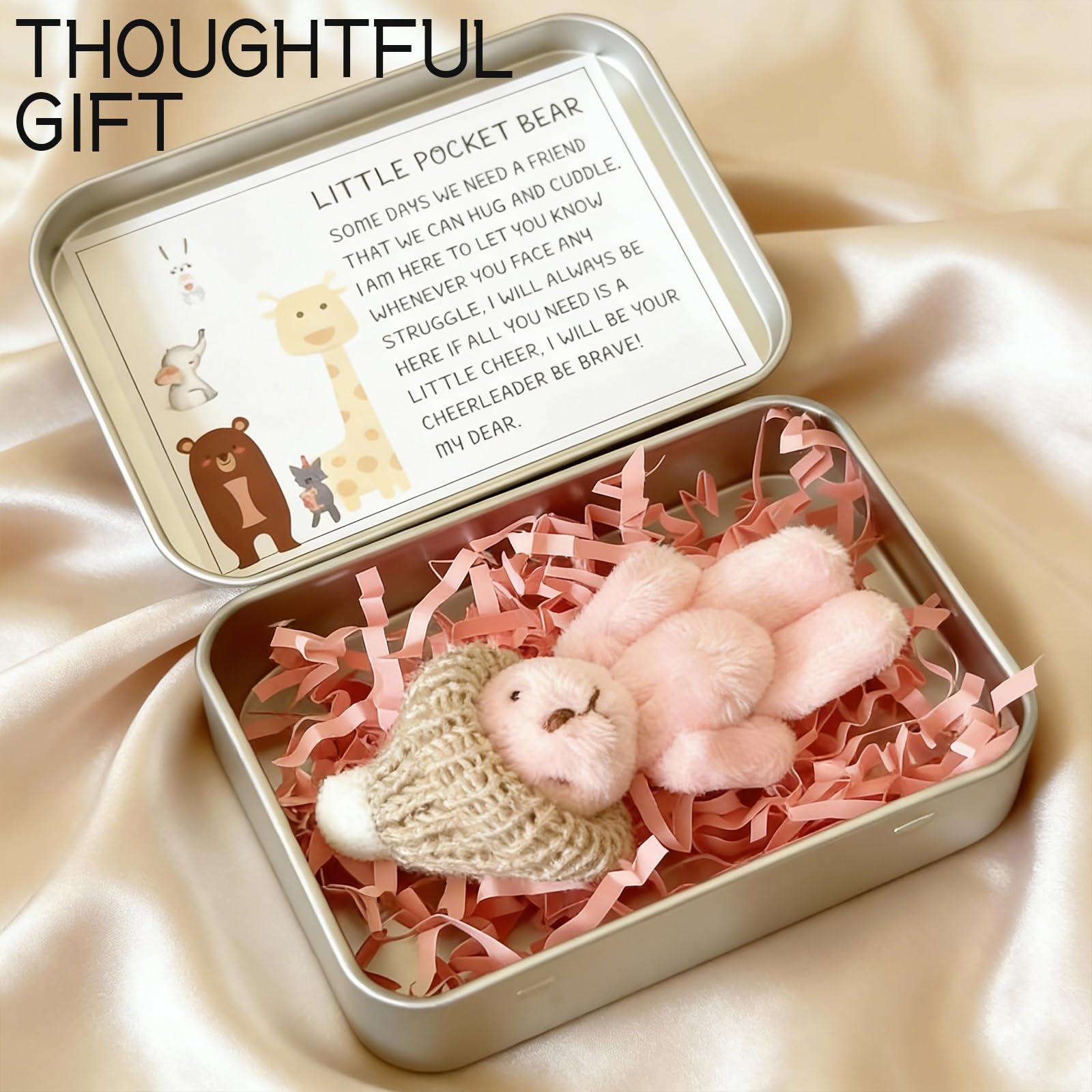 Roioiow 2 Pieces My Little Worry Bear in Tin Box- Plush Teddy Pocket Hug with Greeting Cards for Support, Relationship Gifts for Friends, Colleagues