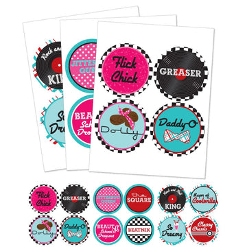 Big Dot of Happiness 50's Sock Hop - 1950s Rock N Roll Party Funny Name Tags - Party Badges Sticker Set of 12