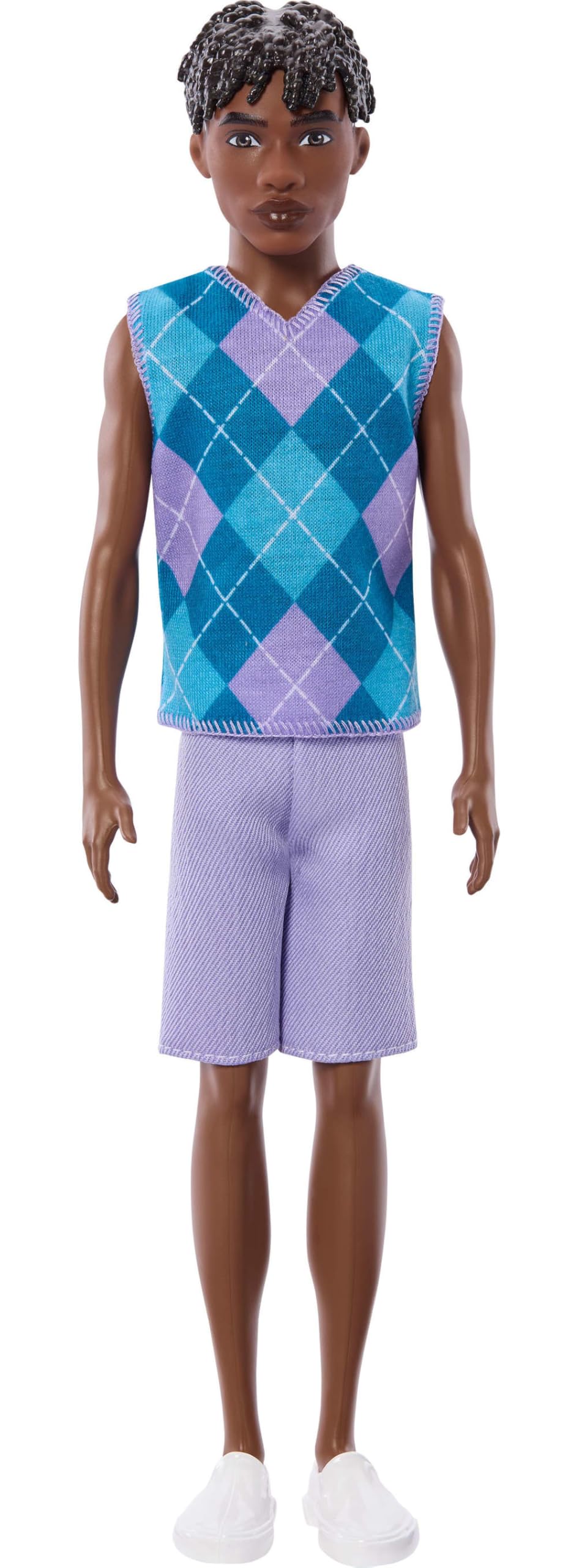Barbie Fashionistas Style Ken Doll #253 with Brown Hair, Wearing Lavendar Shorts with Turquoise and Lavender Argyle Shirt, White Shoes