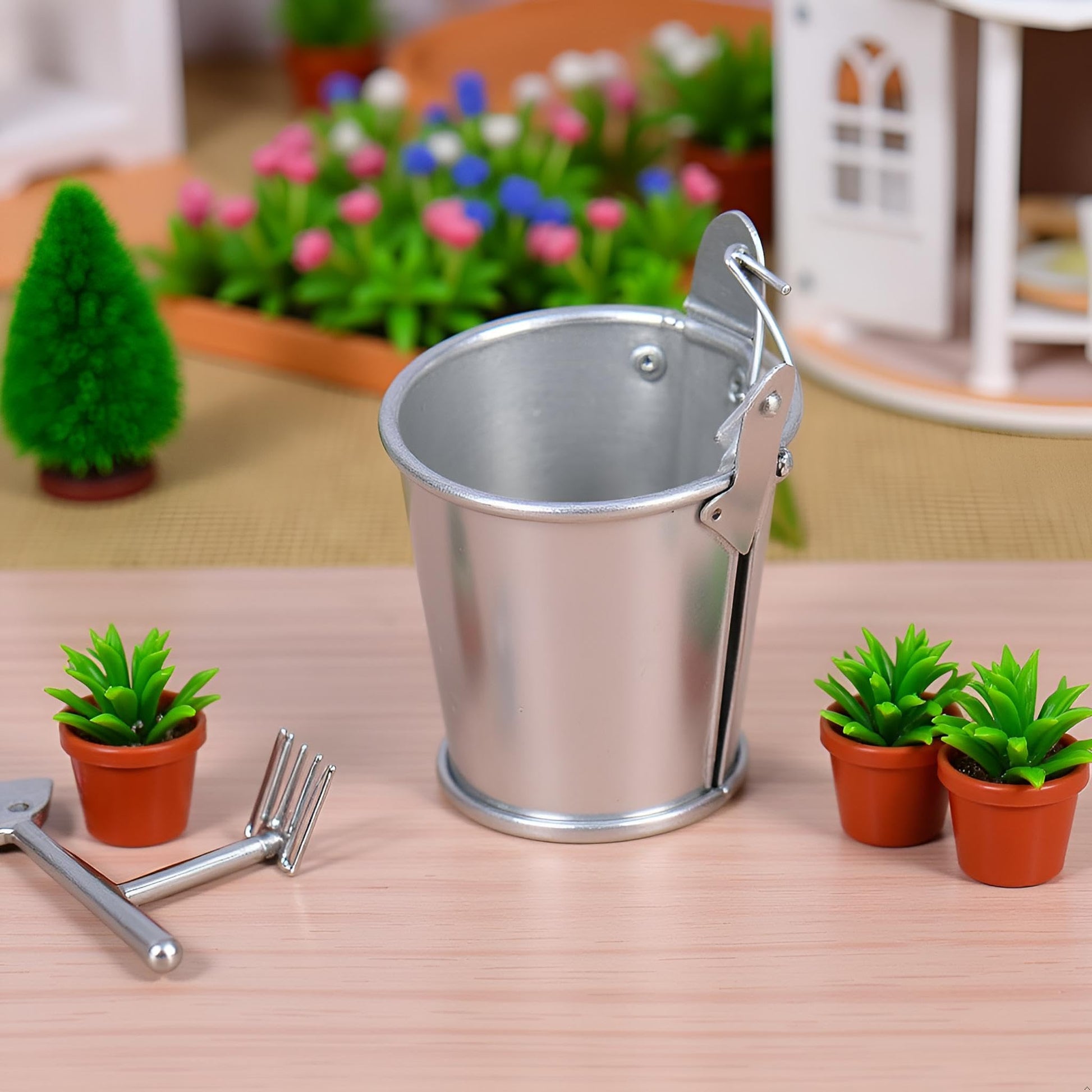 Silver 1/12 Miniature Bucket Dollhouse Decoration Accessories, DIY Doll House Kit