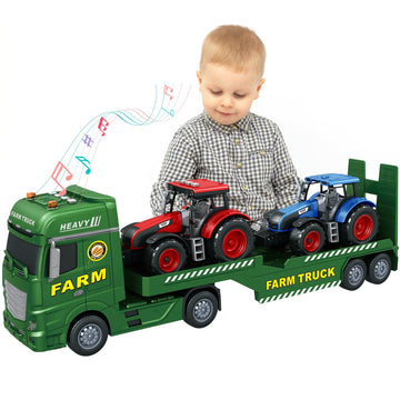 lonfypeng 3-in-1 Farm Truck Toys for Kids Ages 3-6 - 25.6 Inch Extra-Large Inertia Semi Trailer with Lights & Sounds, Detachable Tractor and Light
