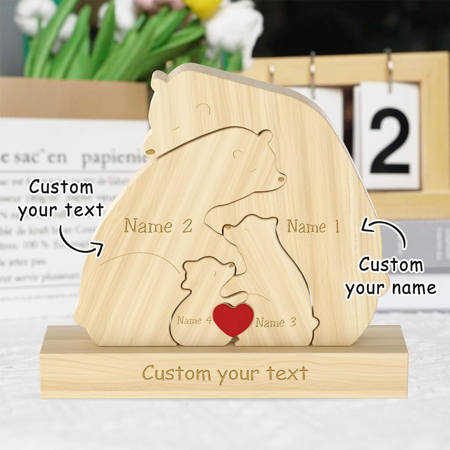 Personalized Wooden Bear Family Puzzle with 2-9 Names and a Base,Custom Made Wooden Bear Decoration, Suitable as a Birthday Gift for Mother's Day