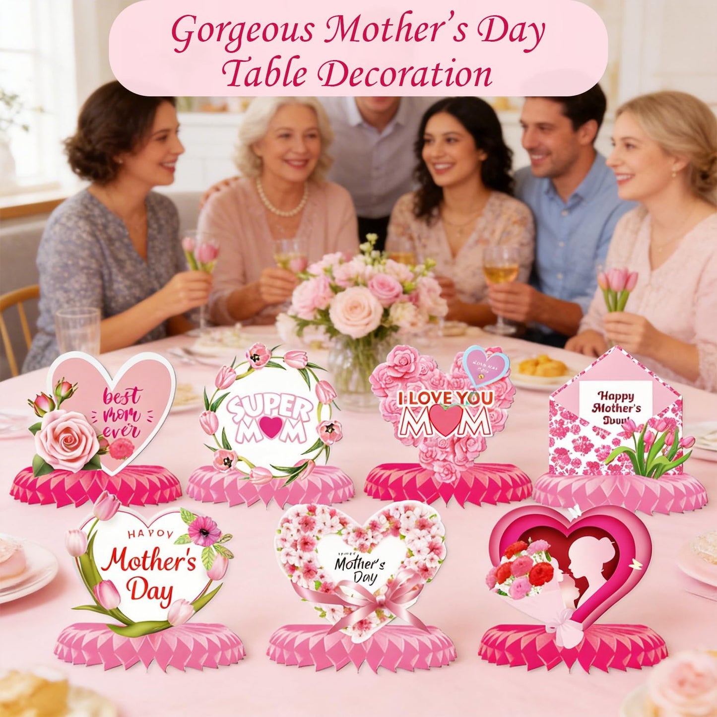 9 Pcs Floral Mother Birthday Table Centerpieces Pink, Floral Mother Party Table Decorations for Party, Best Mom Ever Honeycomb Party Supplies Kit