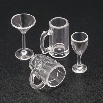 4Pcs Clear Glass Dollhouse Miniature Drinking Set, 1/12 Scale Wine Cocktail Glasses, Beer Mug Stein for Kitchen Bar