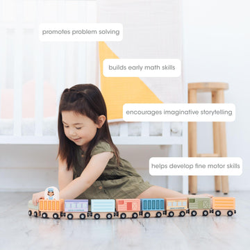 Pearhead Wooden Train Set for Toddlers - 10-Piece Magnetic Train Cars, FSC-Certified Wood, Montessori STEM Toy, Develops Fine Motor Skills, Compatible