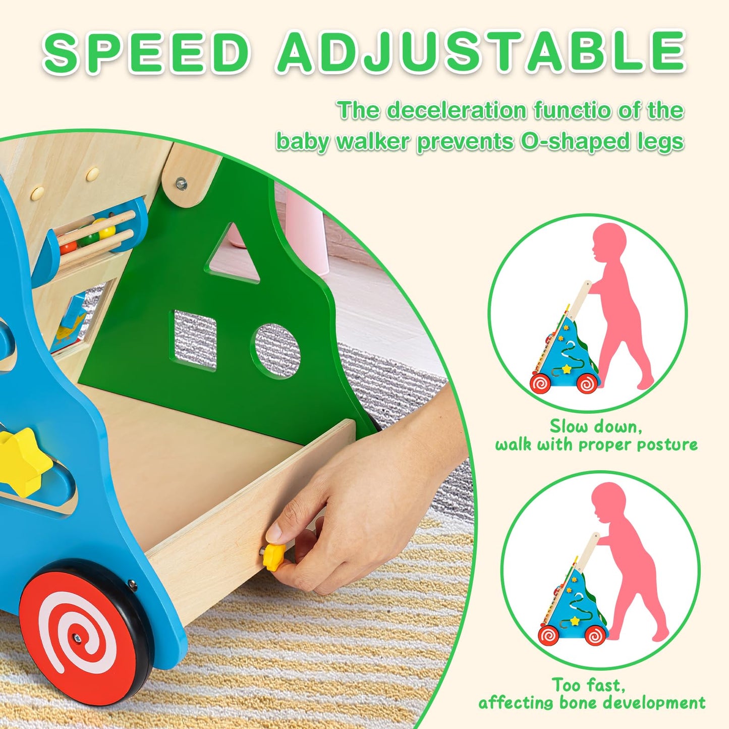 HUZU Wooden Baby Walker with Wheels, Montessori Push and Pull Activity Center for Toddlers, Adjustable Height & Speed, Learning Toy for 6-12 Months