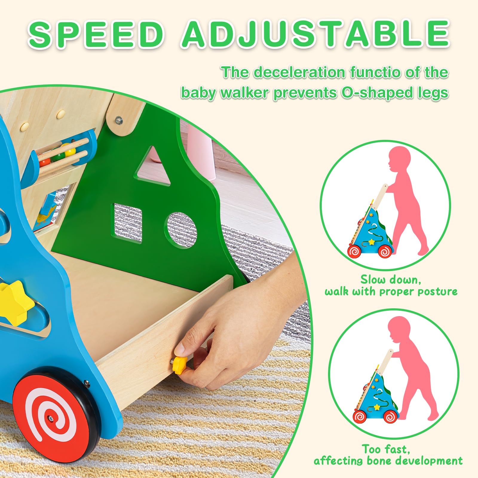 HUZU Wooden Baby Walker with Wheels, Montessori Push and Pull Activity Center for Toddlers, Adjustable Height & Speed, Learning Toy for 6-12 Months