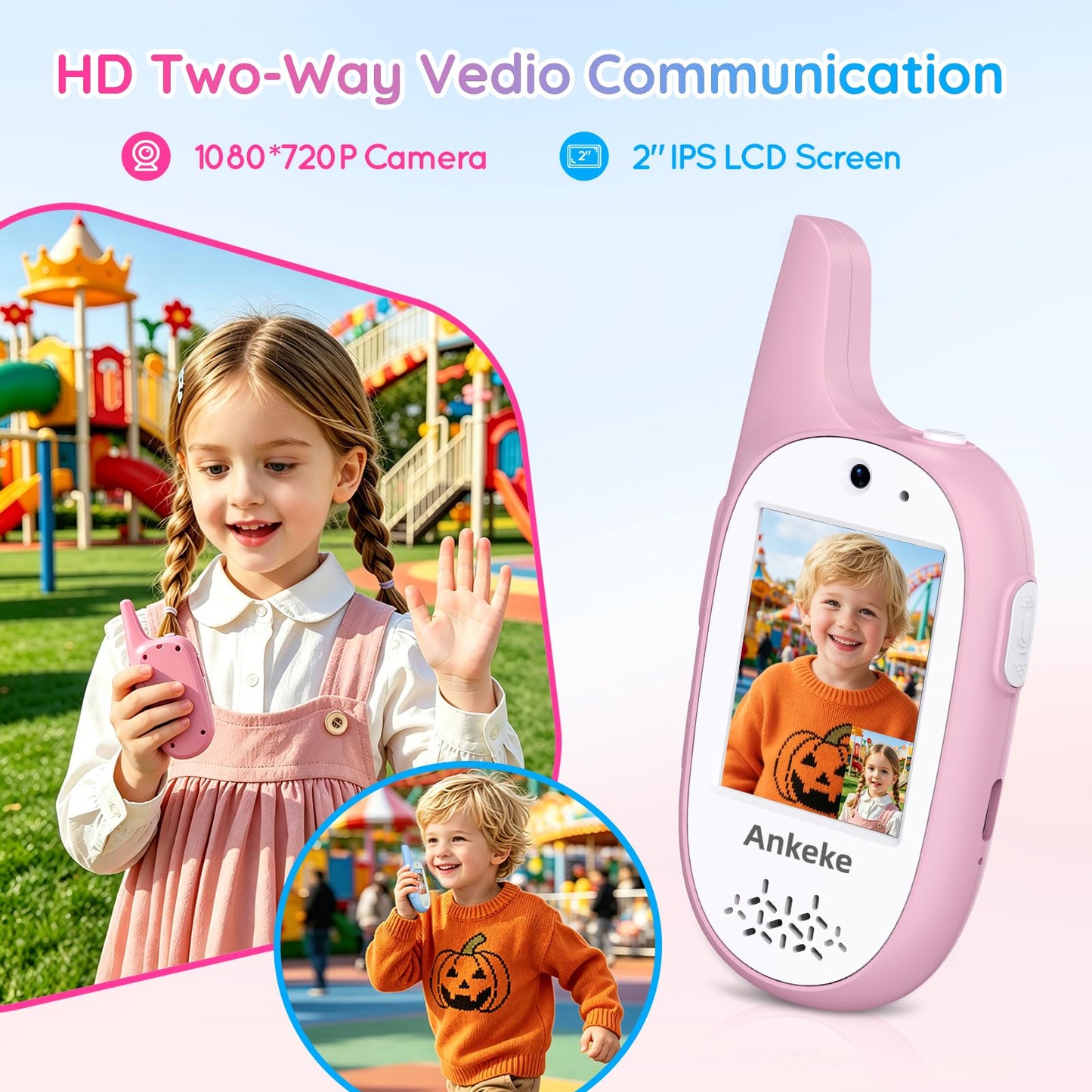 Video walkie talkies for Kids, 2 Pack 1000ft Long Range Toddler Walkie-Talkies, 750mAh Rechargeable Video Call Toys for Indoor, Outdoor, Festival or