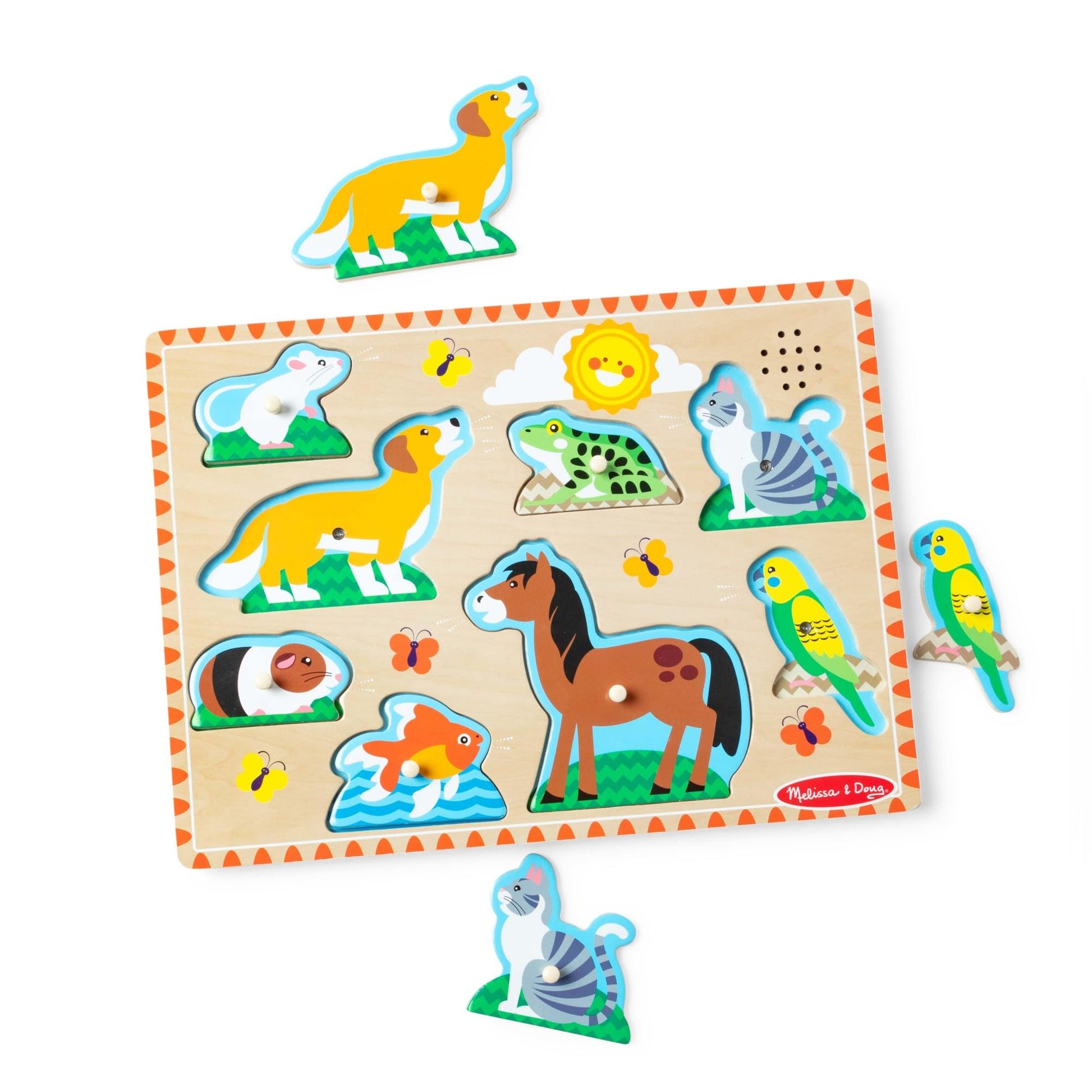 Melissa & Doug Zoo Pet Animals Sound Puzzle - 8-Piece Wooden Peg Puzzle with Light-Activated Sounds, Music Learning Toy for Toddlers and Preschoolers