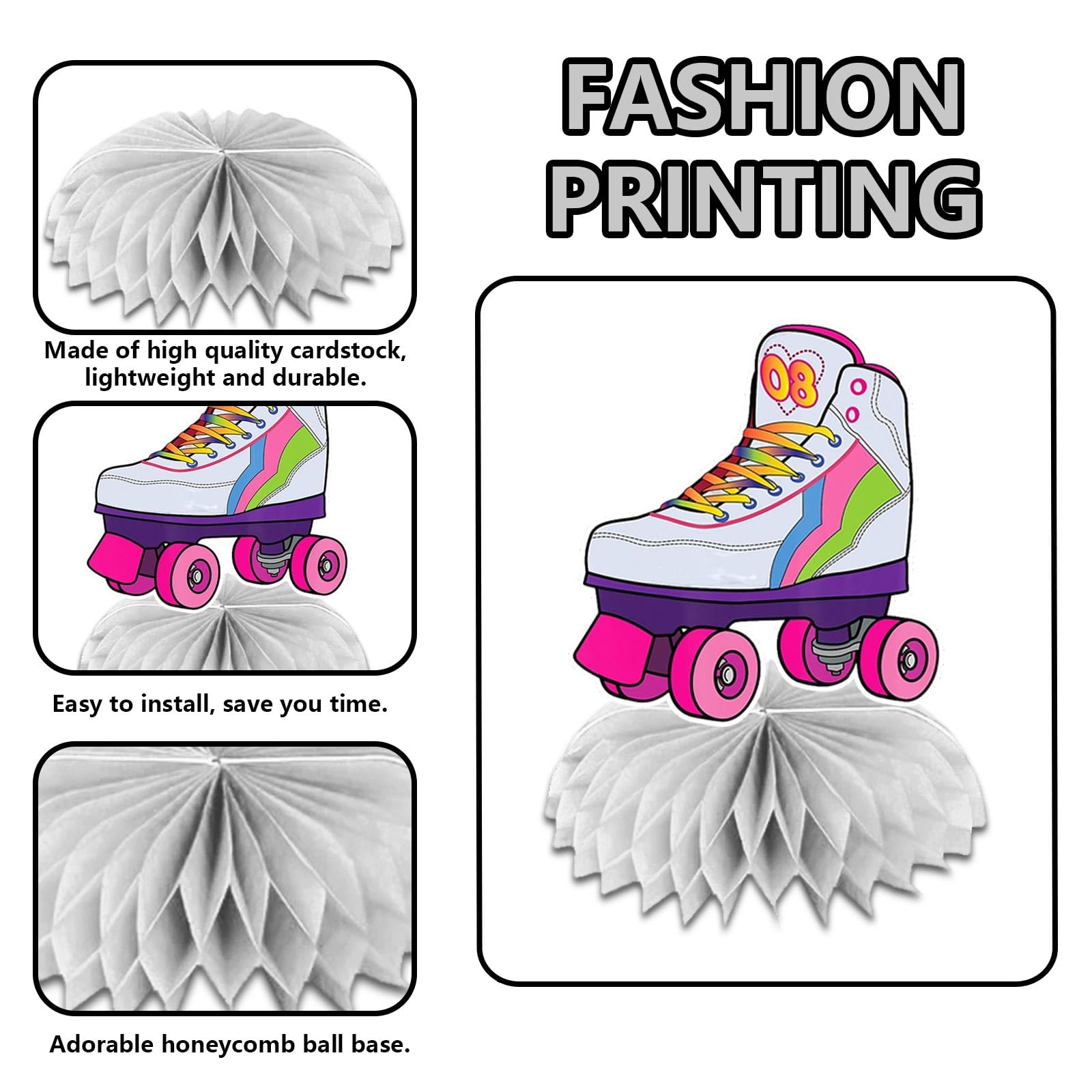Roller Skates Honeycomb Centerpieces Retro Hip Hop Roller Skating Theme Decor for Girls Teens Baby Shower Neon Rainbow Glow Party Roller Skating Party