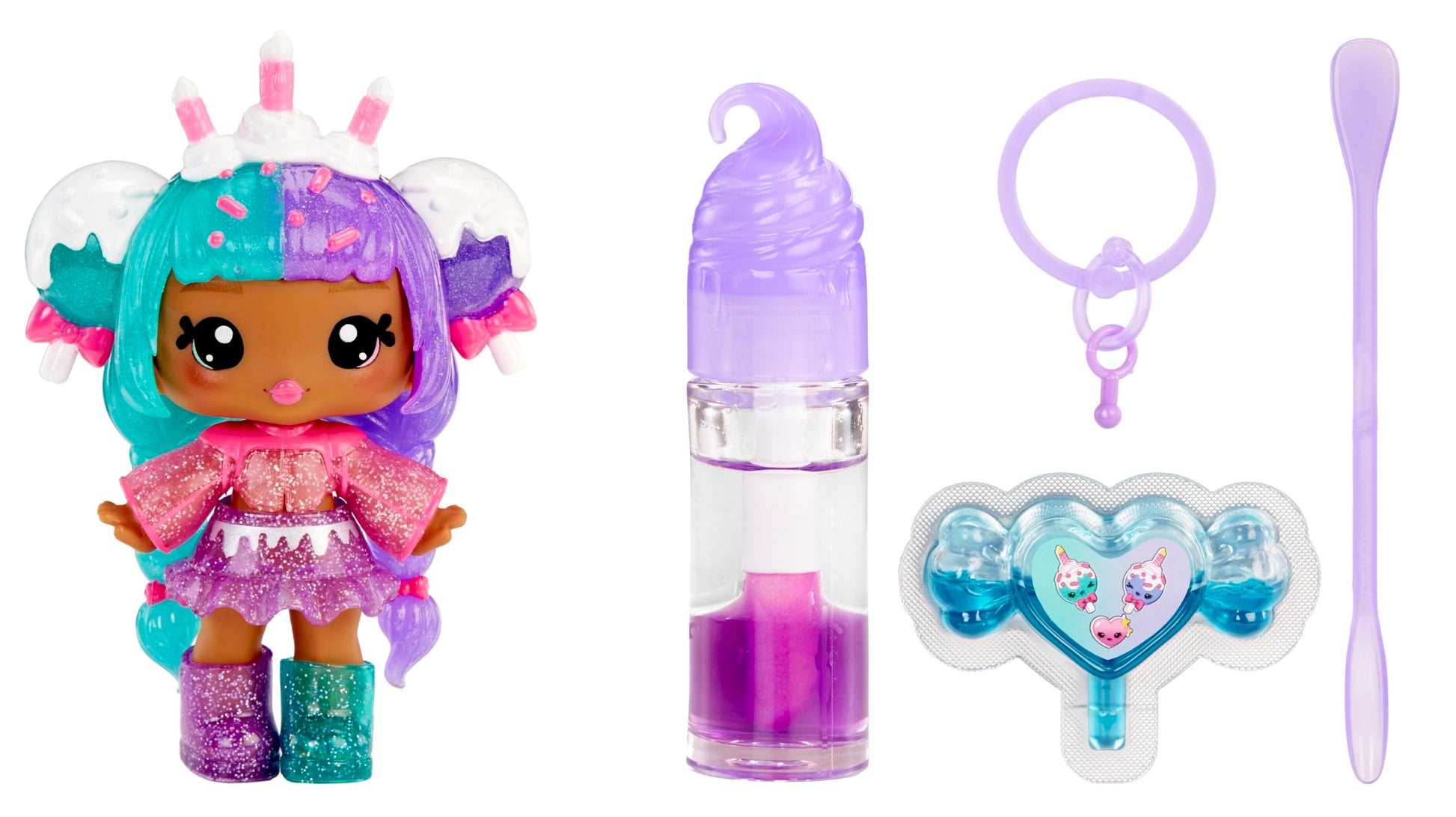 Yummiland Lip Gloss Doll: Mystery Color Change - Carly Cakepop Includes DIY Lip Gloss + Removable Keychain, Cosmetic Play, Collectible, Ages 4+