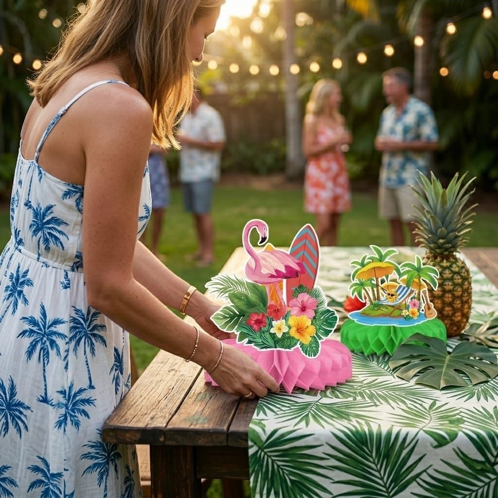 Hawaiian Luau Party Decorations Set, 9 Pcs Aloha Honeycomb Centerpieces for Tables, Tropical Tiki Beach Summer Pool Theme Birthday Party Supplies