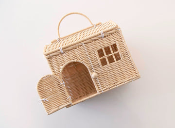 Rool Rattan House Shaped Basket Wicker Small Dollhouse Gift for Girls, Boho Toys, Mouse in a Box House, Little Girl Purse Clutch, Doll Carrier (Cream)