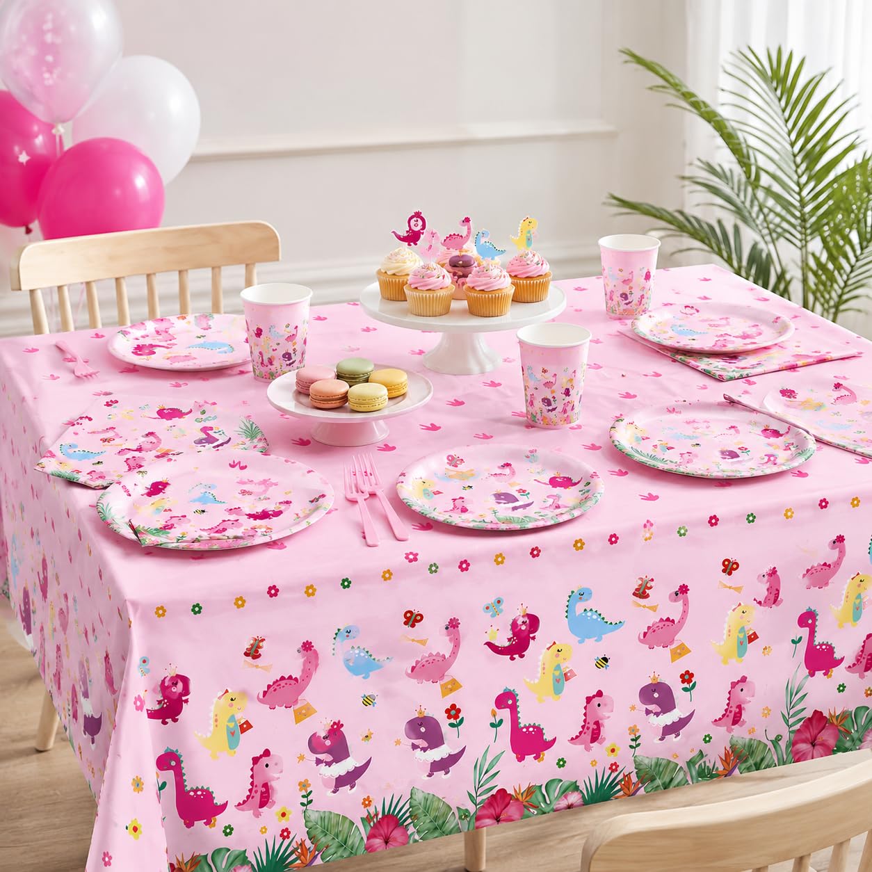 Miruwtog Dinosaur Birthday Party Supplies for Girls - Dinosaur Tablecloth, Decorations in Pink