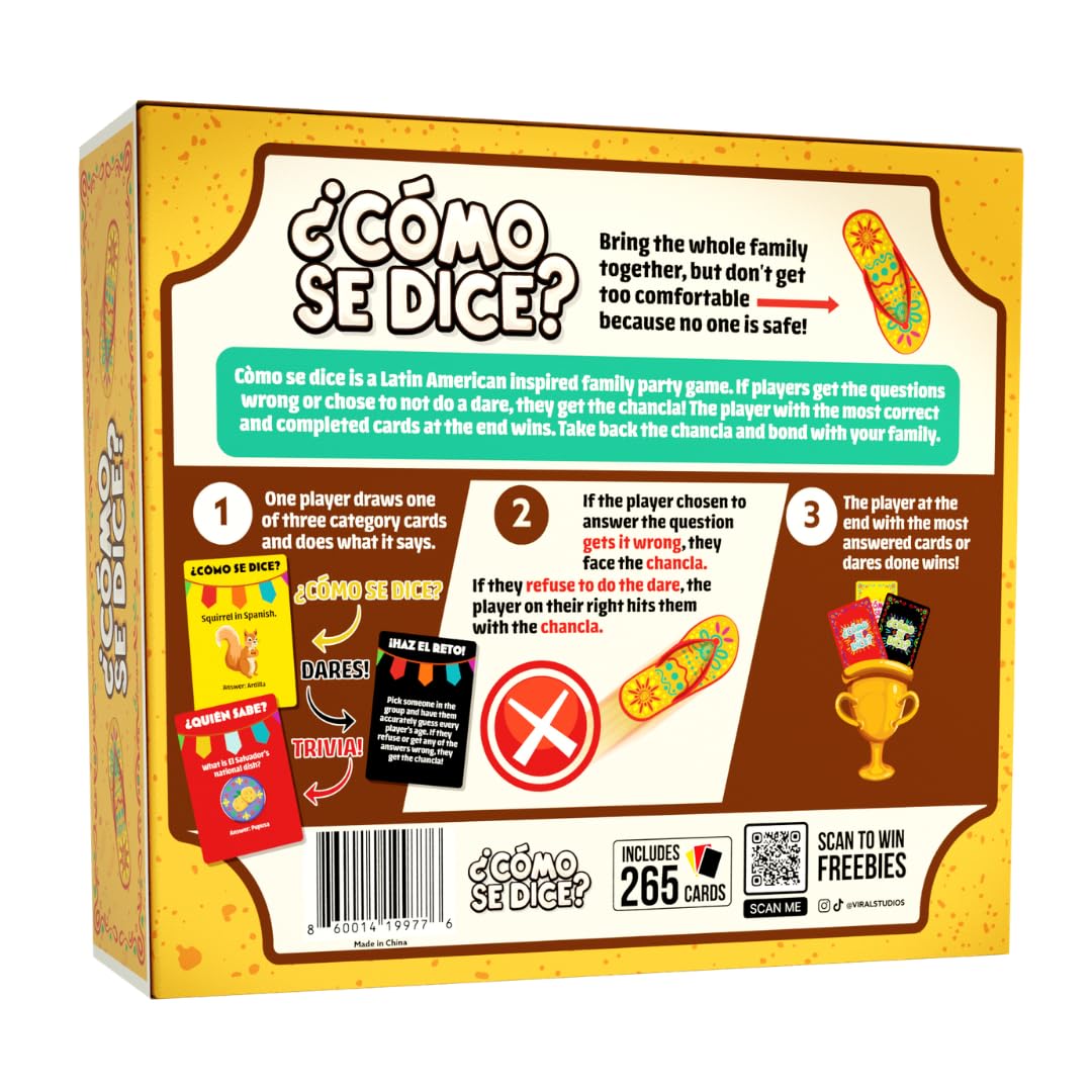 Viral Studios ¿Cómo Se Dice? - Hilarious Spanish Party Card Game, “Chancla” Included | Funny Latino Game for Families & Adults Game Night | Spanish