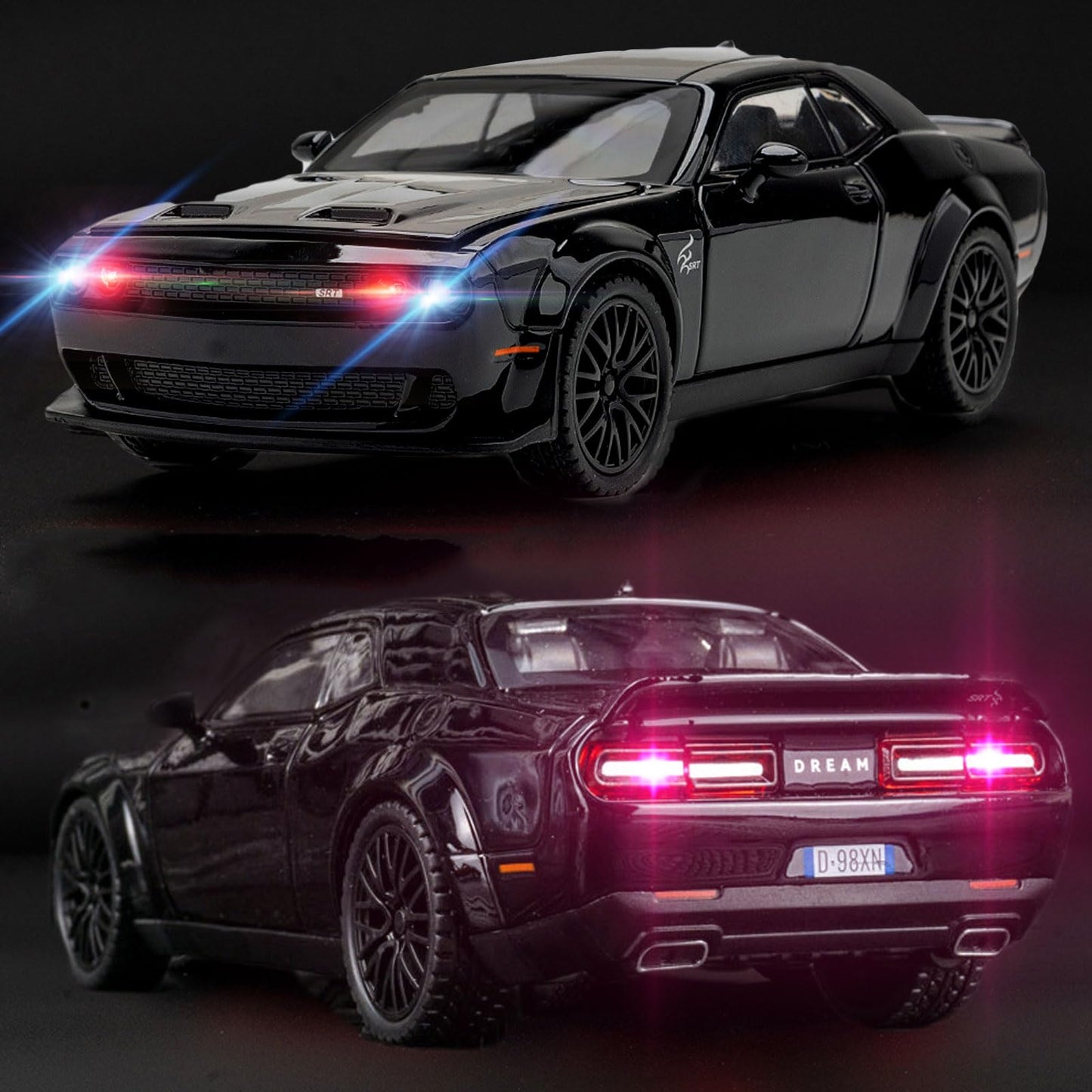 YMHAT Toy Cars 1/32 Dodge Challenger Die Cast Metal Toy Cars Hellcat Toy Car with Sound and Light Pull Back Hellcat Car for 3+ Year Old Boys and Kids