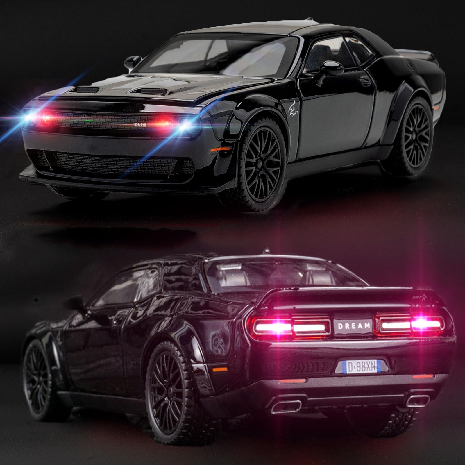 YMHAT Toy Cars 1/32 Dodge Challenger Die Cast Metal Toy Cars Hellcat Toy Car with Sound and Light Pull Back Hellcat Car for 3+ Year Old Boys and Kids
