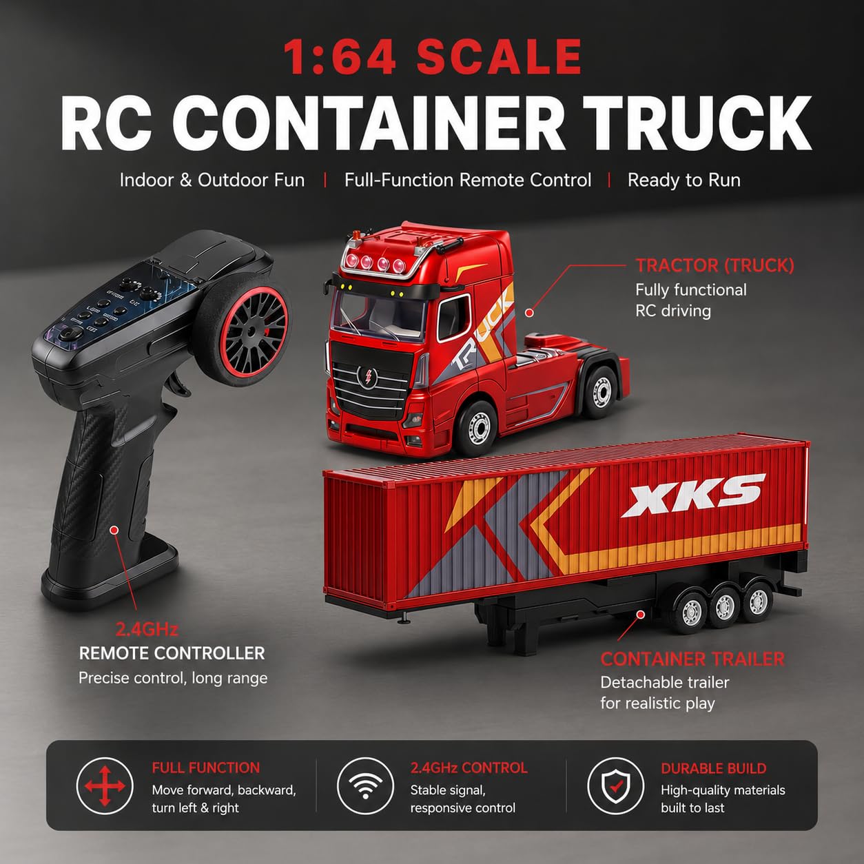 UZM 1/64 RC Track with Trailer, Remote-Controlled Lifting Trailer, 2-in-1 Drift & Race Toy, Dual Motors, LED Lights & Horn, 2.4GHz Remote Control