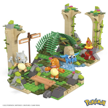 MEGA Pokemon Action Figure Building Toy, Jungle Ruins with 464 Pieces, Motion and 3 Characters, Cubone Charmander Omanyte, Gift Idea for Kids
