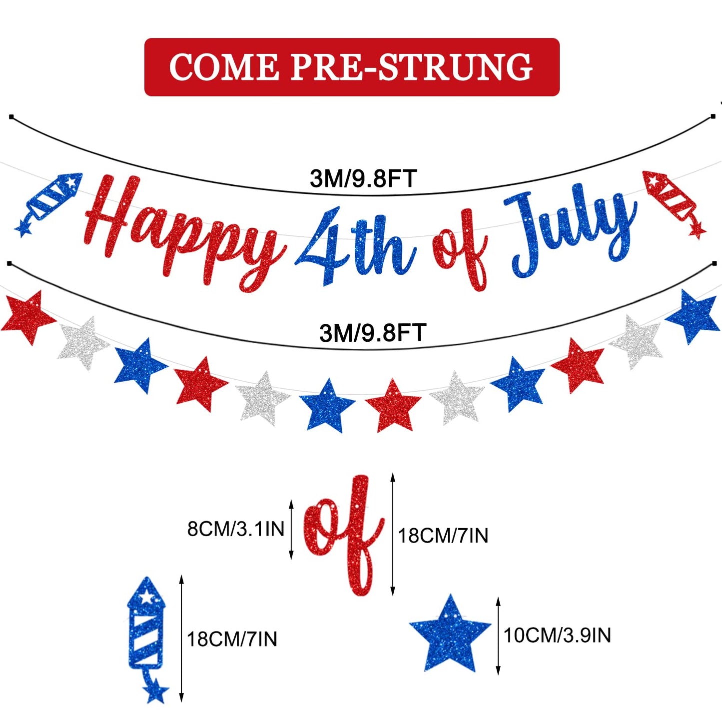 CAVLA Glittery Happy 4th of July Banner and Glitter Stars Banner Red White Blue Patriotic Fourth of July Garland Banner with Fireworks Signs