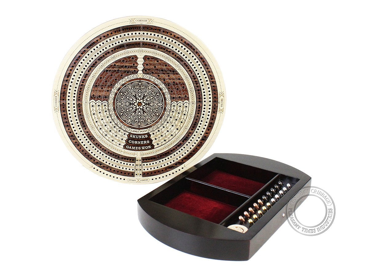 House of Cribbage - 10" Round Shape 4 Tracks Continuous Cribbage Board Rosewood/Maple - Push Drawer with Score Marking Fields for Skunks, Corners