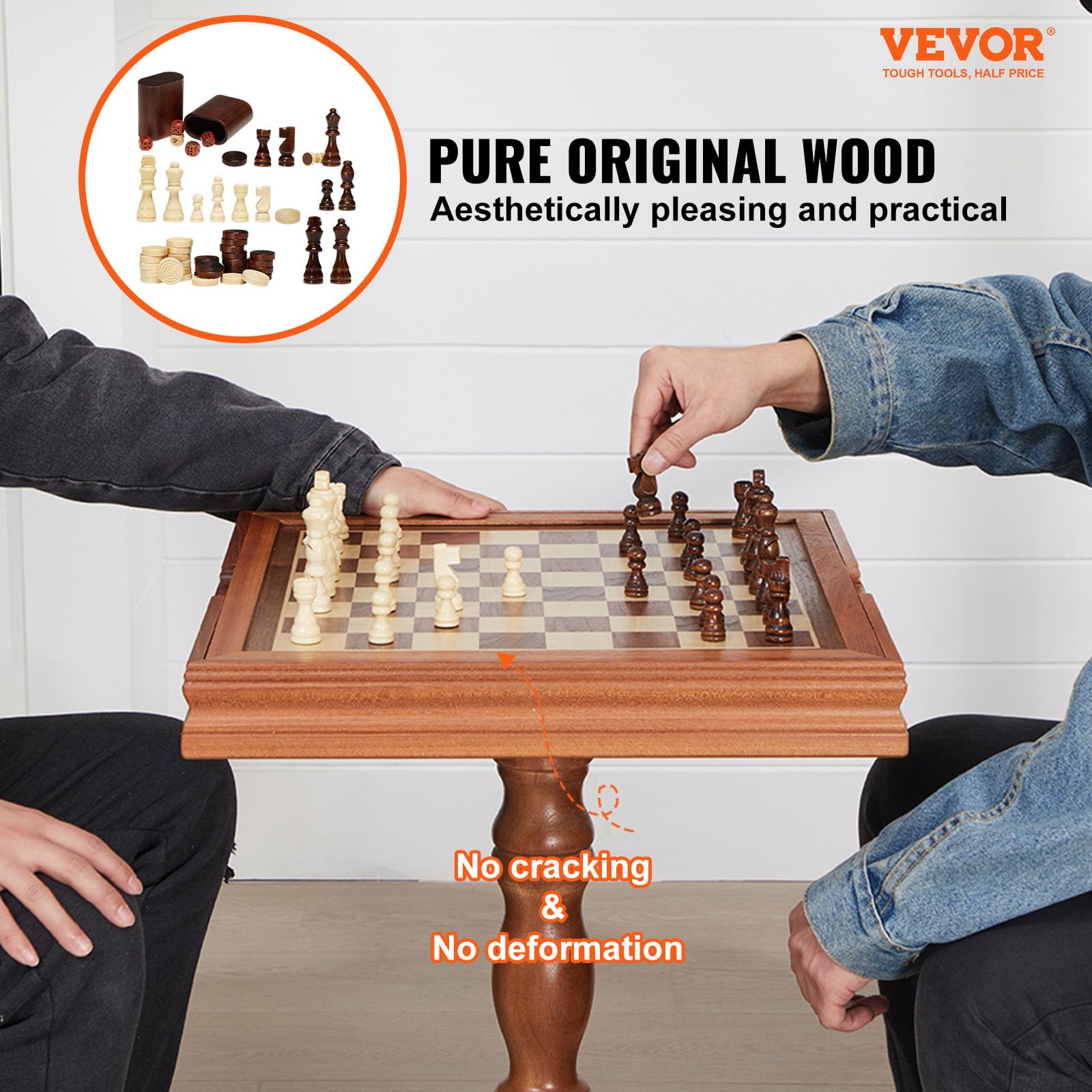 VEVOR 3-in-1 Chess Checkers Backgammon Table Set, 18 Inch Premium Wooden Chess Table, Deluxe Combo Game Table Furniture Set, Chess Set Board Game Gift