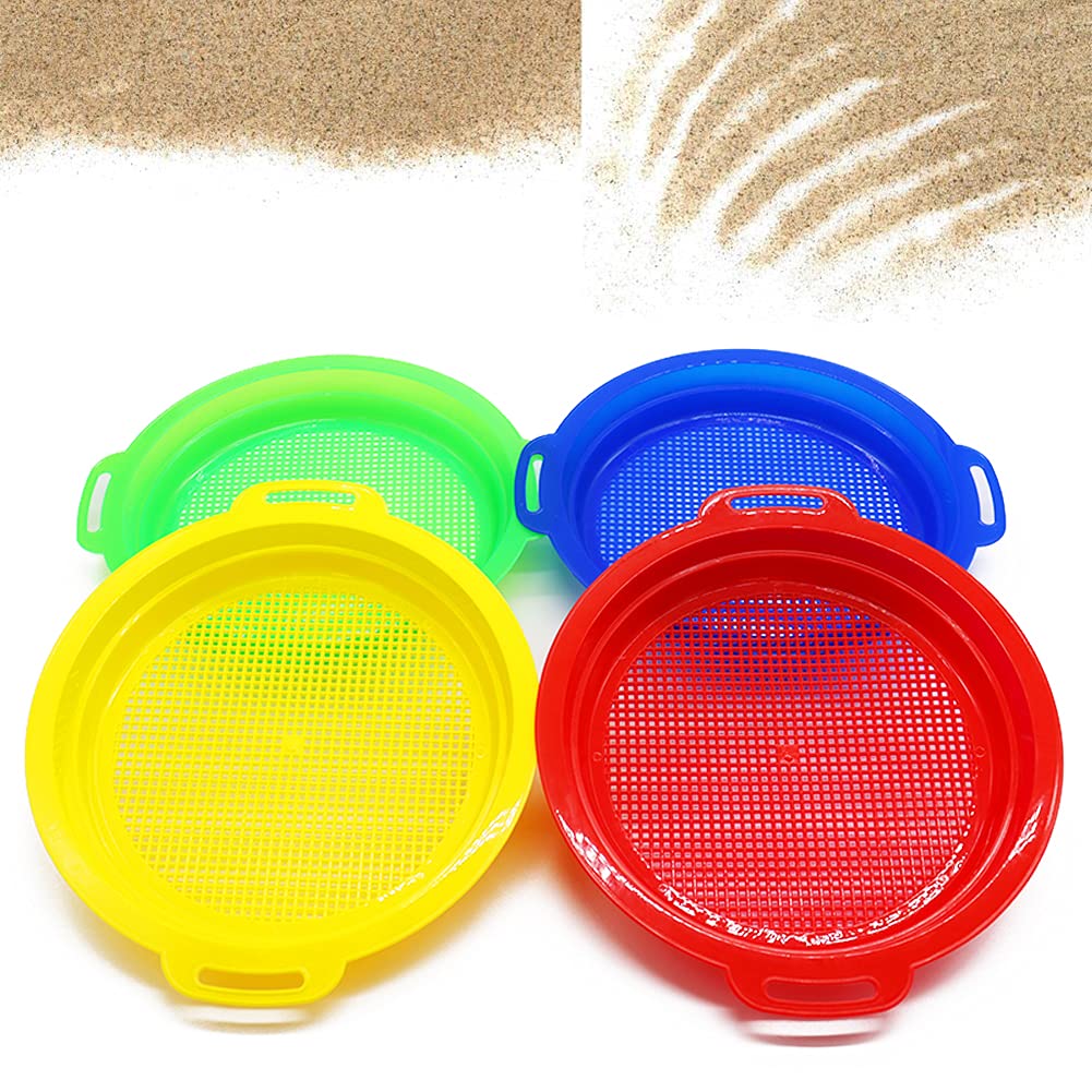 OJYUDD 4 Pack Sand Sifter Sieves for Adults, Plastic Sand Sifting Pans for Beachcombing, Gardening, Gold Panning & Outdoor Exploration (Red, Blue