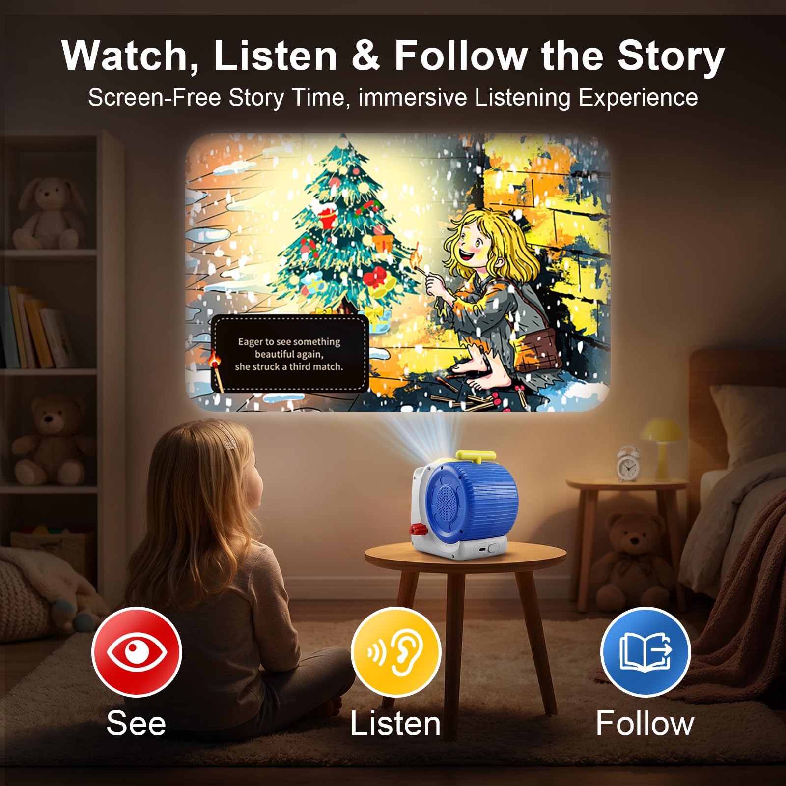 Story Projector for Kids, Bedtime Projector Machine with Voice Narration, 6 Fairy Tales Slides, Adjustable Focus, Night Light, Toy Gift for Toddlers