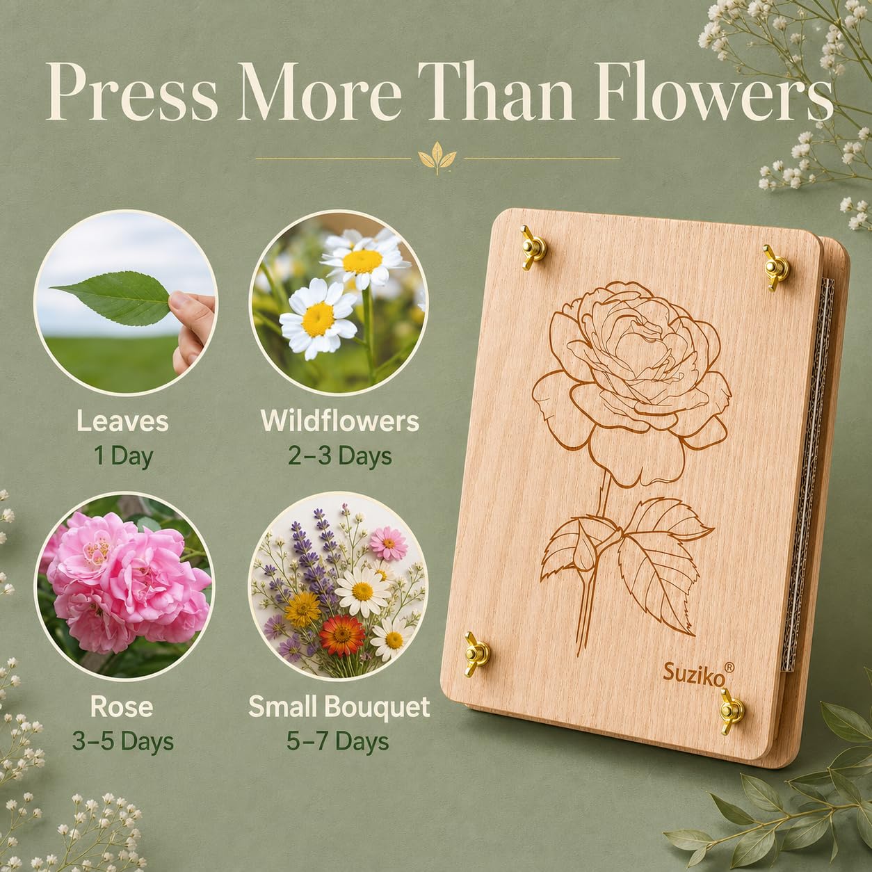 Suziko Large Flower Press Kit with Rose Pattern for Adults & Kids - 10.8 x 6.9 Inch Flower and Leaf Preservation Art Craft Kit, Great Gift for Nature