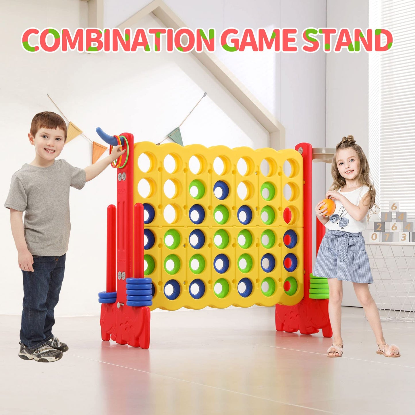 UNICOO Giant 4-in-a-Row Game with Carry Bag, 3-in-1 Jumbo 4-to-Score Outdoor Yard Game with Basketball Hoop, Ring Toss, Quick-Release Slider, 42