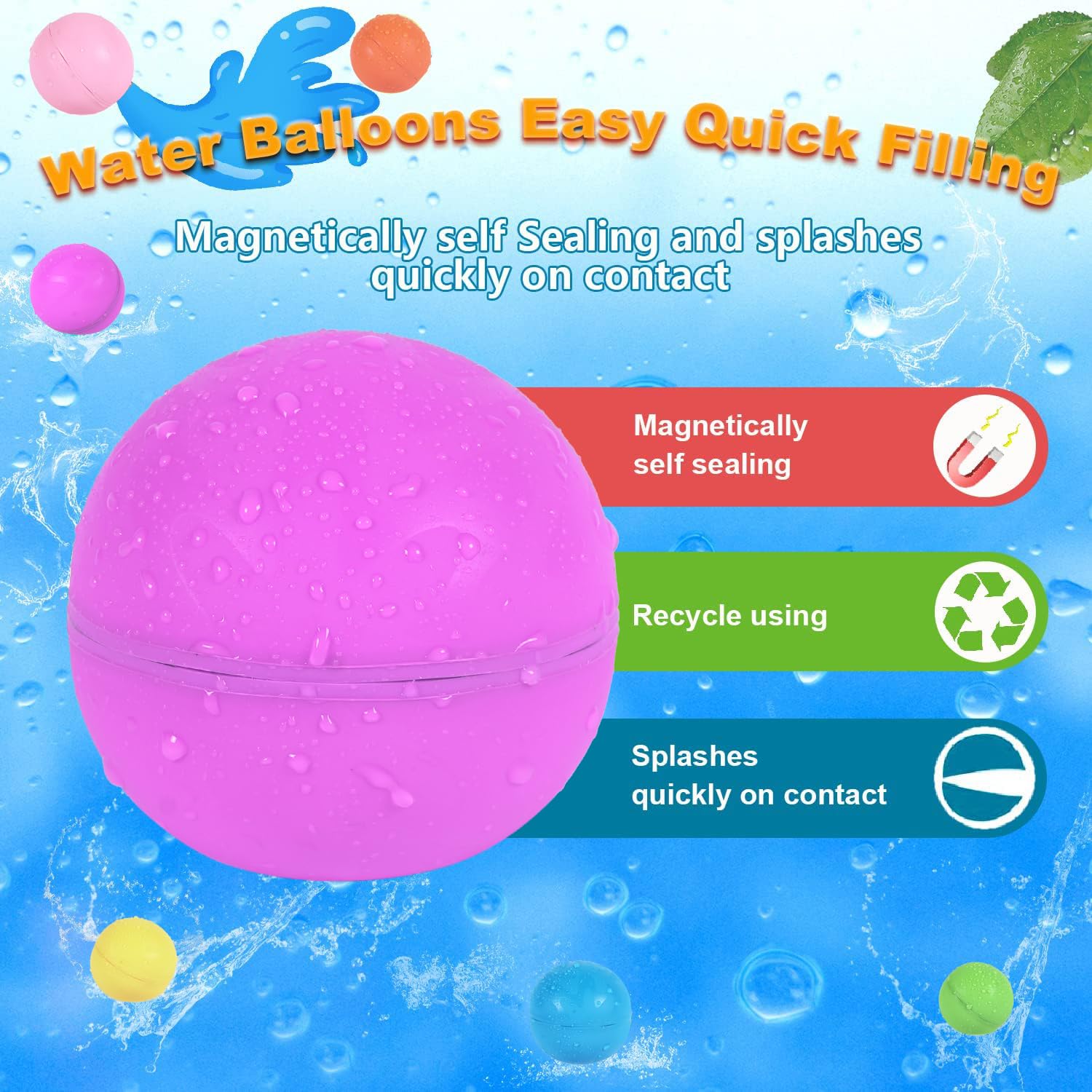Reusable Water Balloons 6 Pcs with Mesh Bag, Self Sealing Easy Quick Fill