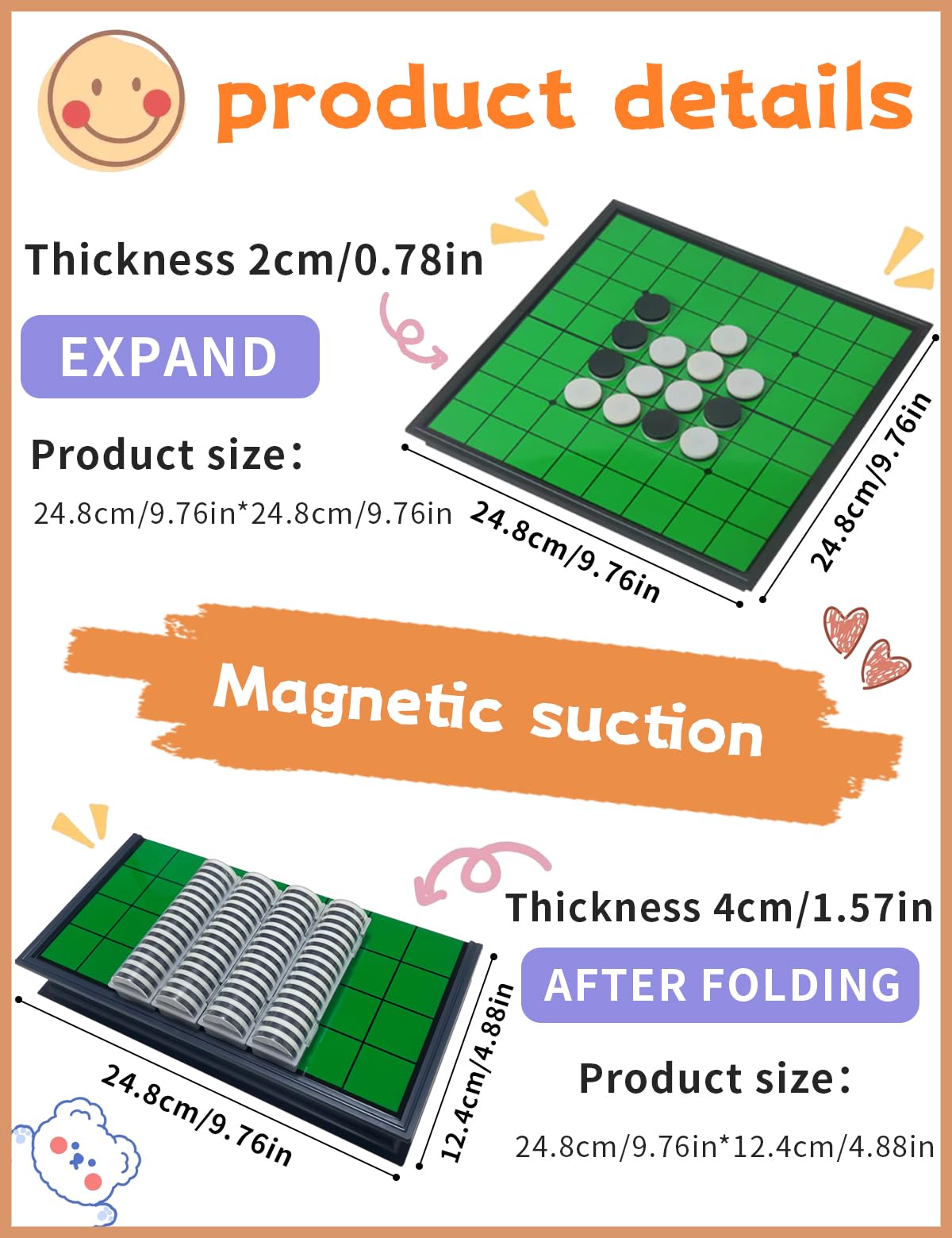 Reversi,Strategy Classic Family Board Game 2-Player Reversi Brain Teaser STEM Math Skills,Folding Magnetic Board and Pieces for Home and Travel
