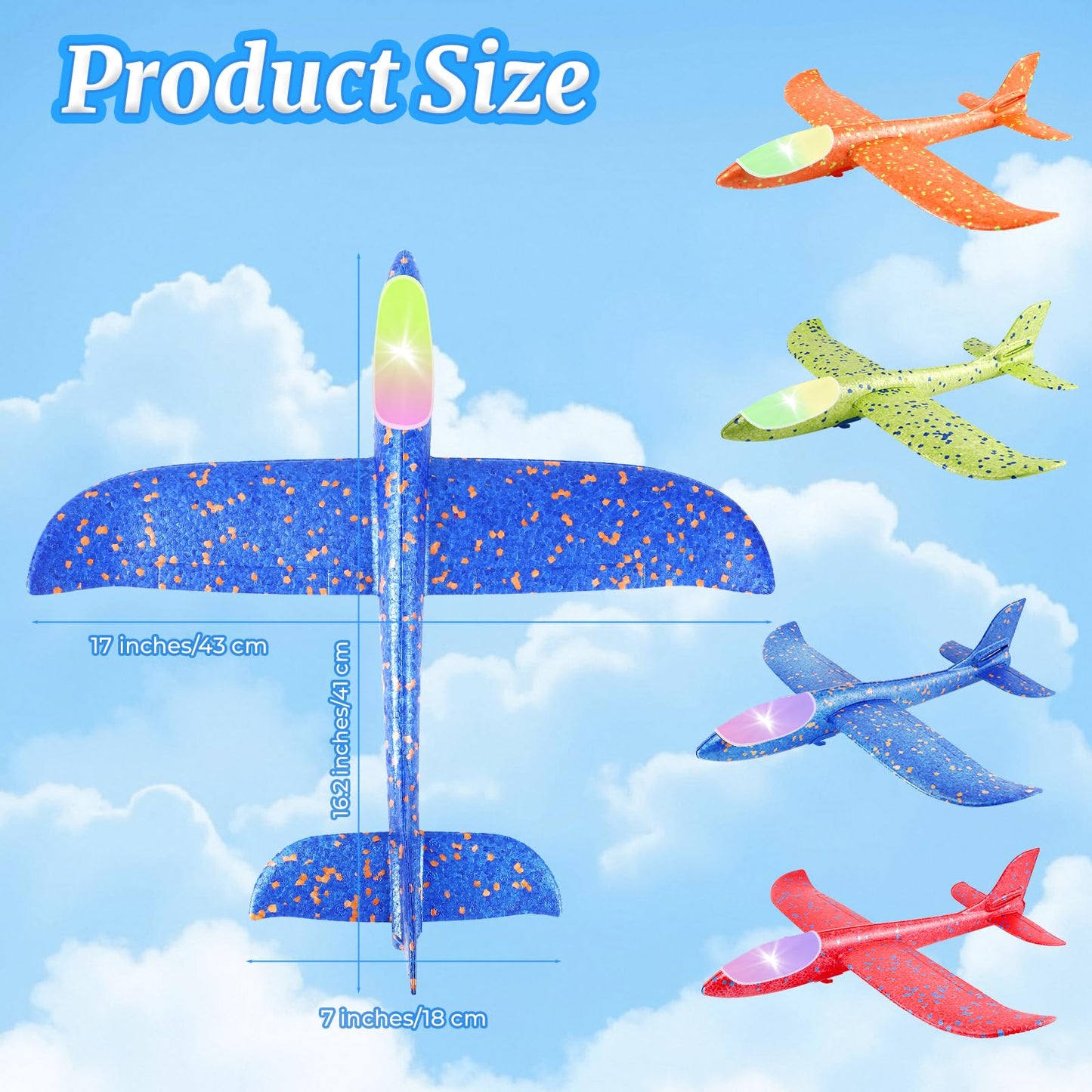 PUREZON LED Foam Airplanes, 4 Pack, 17 Inch, 4 Colors