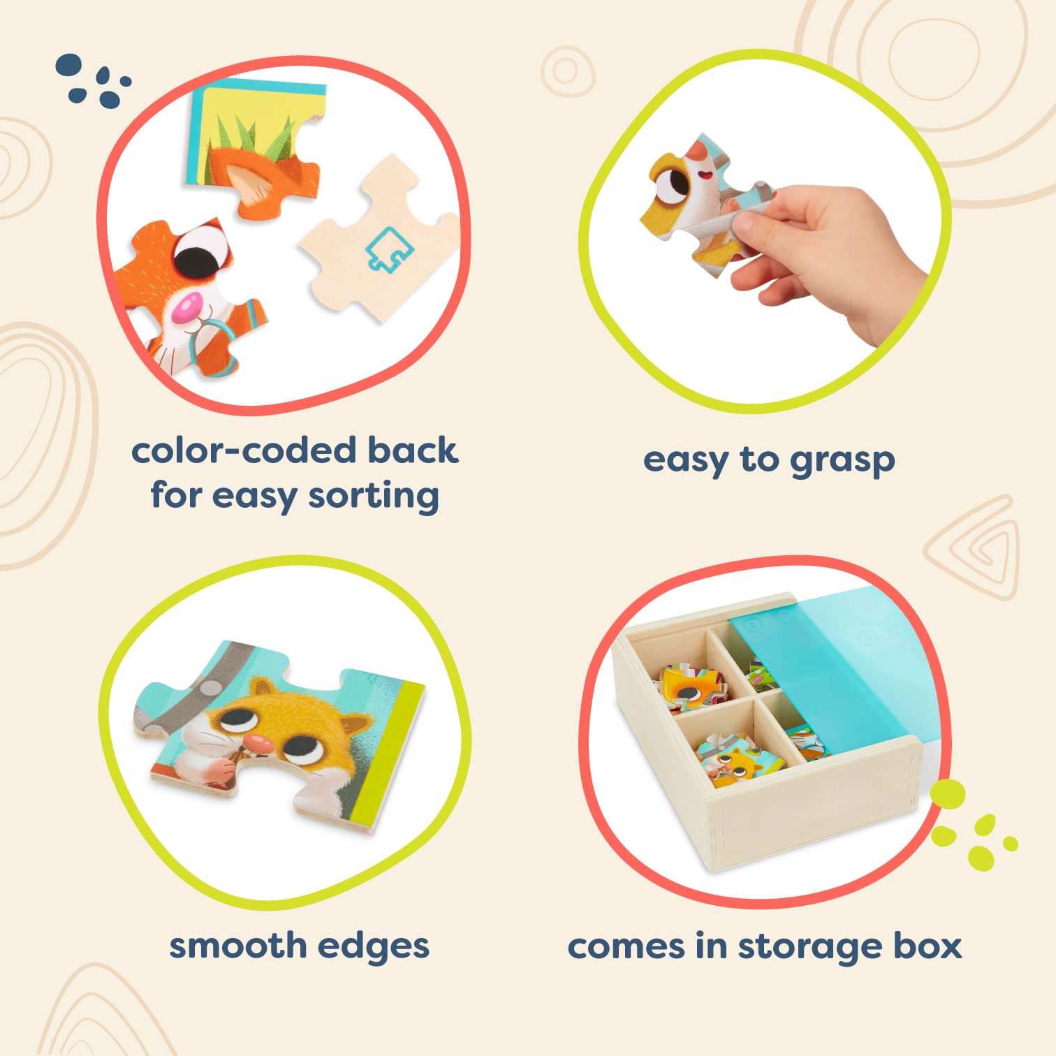 B. toys Wooden Puzzle Set, 4 Animal Puzzles with Wooden Box, Pets