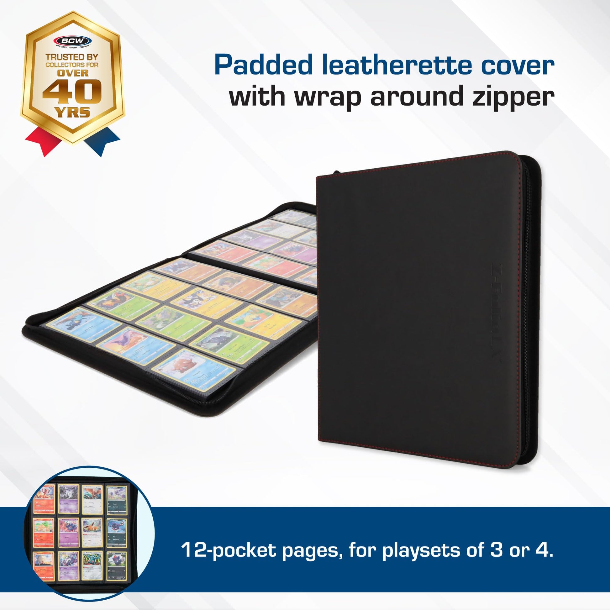 BCW 12-Pocket Zipper-Folio LX Trading Card Binder (Black) | Card Collection Binder with 480 Card Capacity | Archival Safe Pages | Secure Wrap-Around